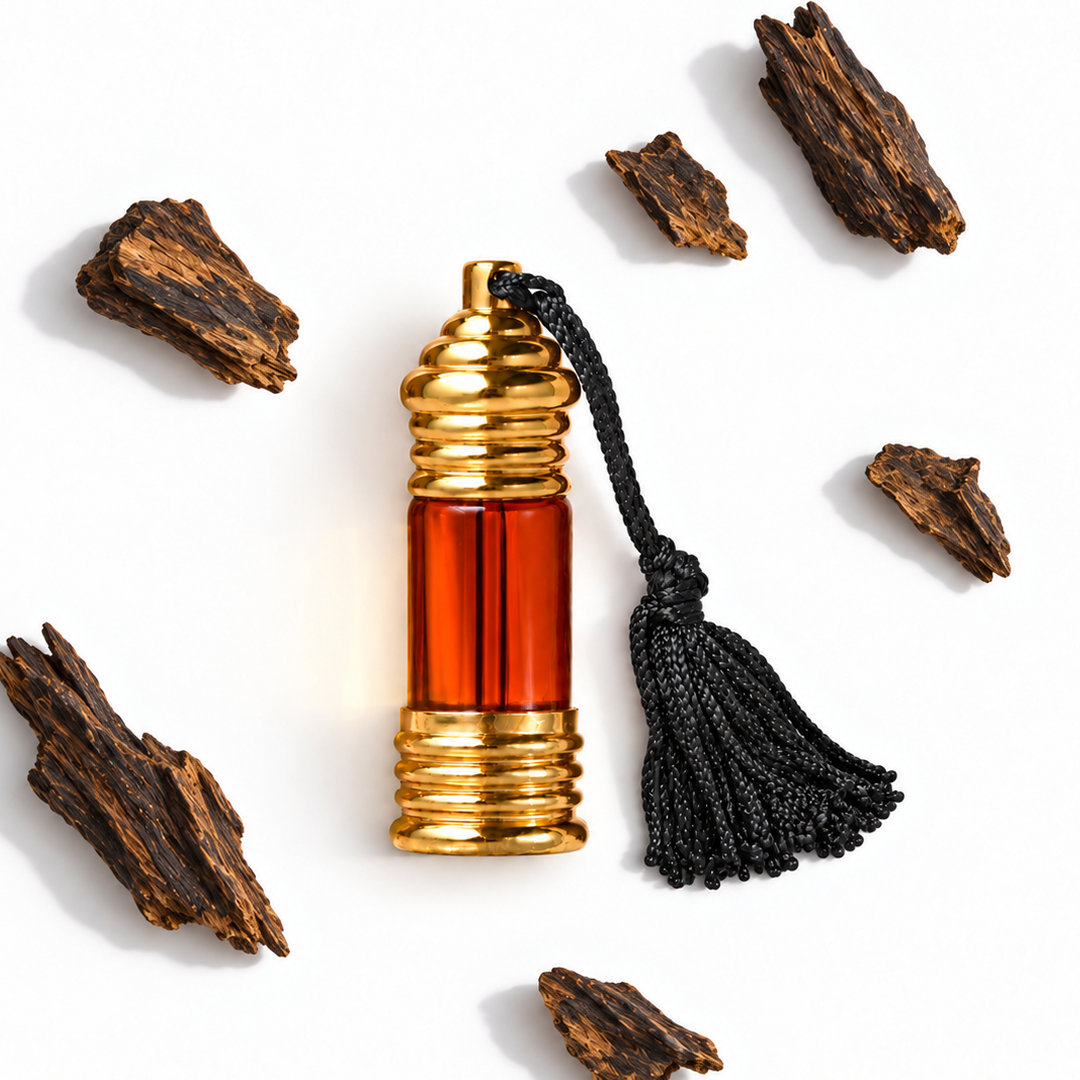 Audh agarwood perfume oil bottle with agarwood pieces — Boond Naturals