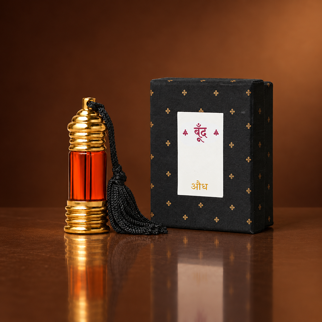 Audh agarwood perfume oil bottle with its handmade box — Boond Naturals