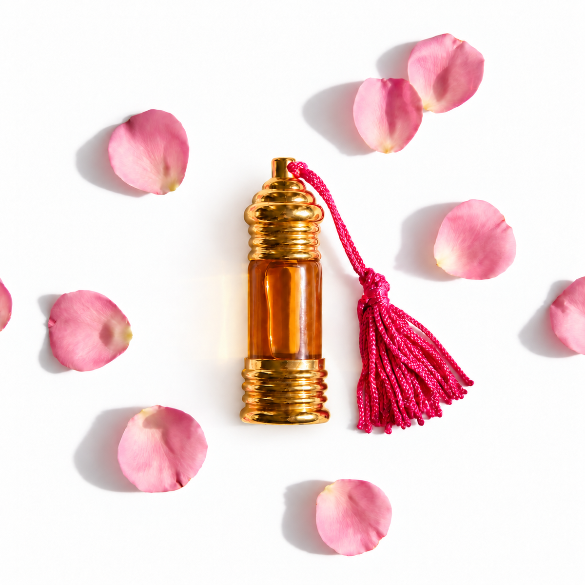 Gulabi Damask Rose perfume oil bottle with fresh roses — Boond Naturals