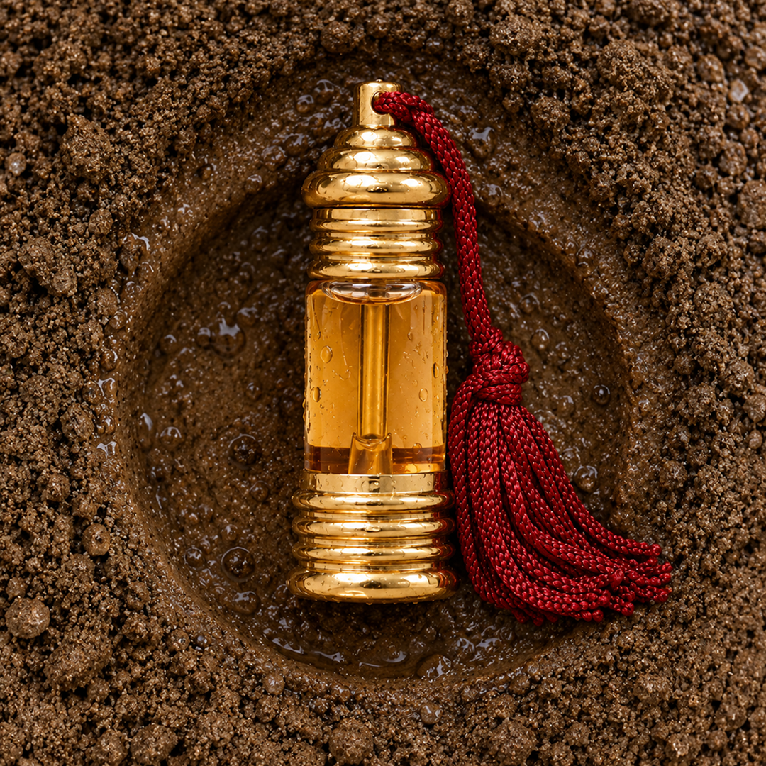 Maati petrichor perfume oil bottle on rain-wet soil — Boond Naturals