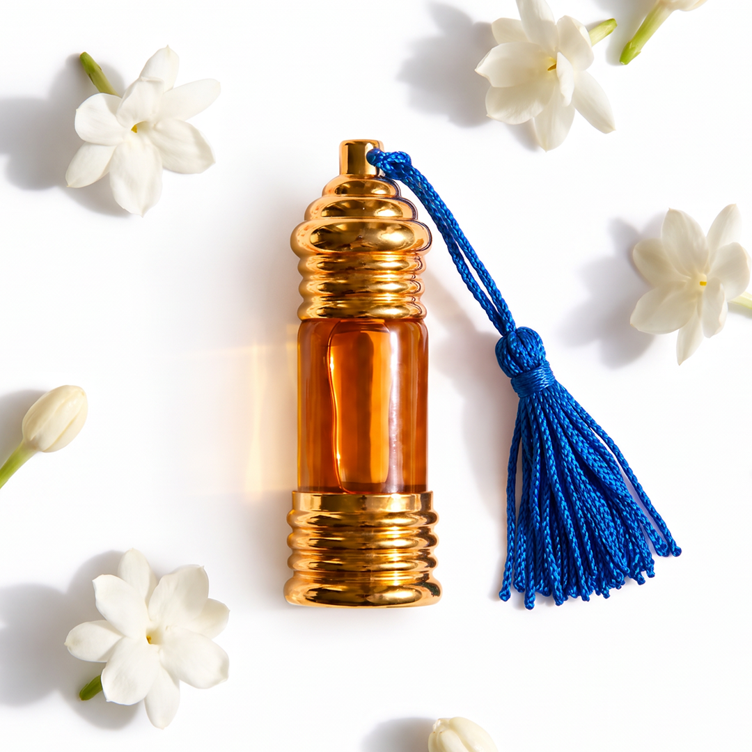 Motiya jasmine perfume oil bottle with fresh jasmine flowers — Boond Naturals